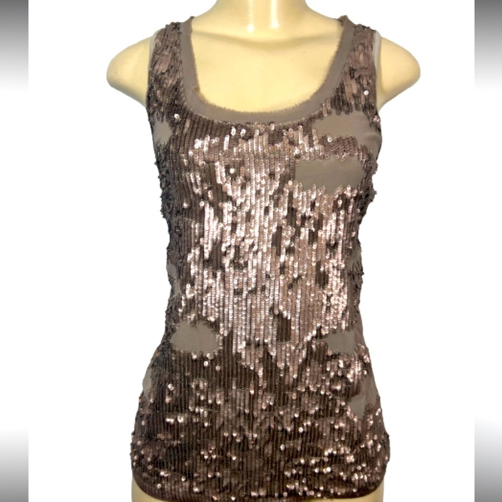 BKE Top Brown and Tan Sequin and Sheer Sleeveless Tank Top Size Small‎